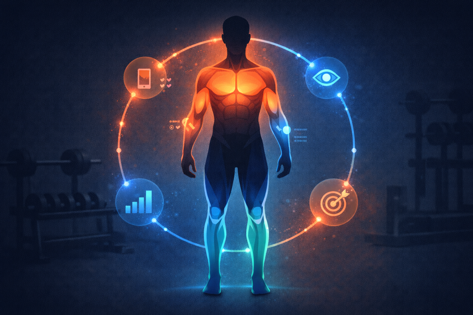Illustration of a full-body muscle recovery heat map with coral and red for recently trained muscles and blue and teal for fully recovered muscles, resembling a fitness app body scan