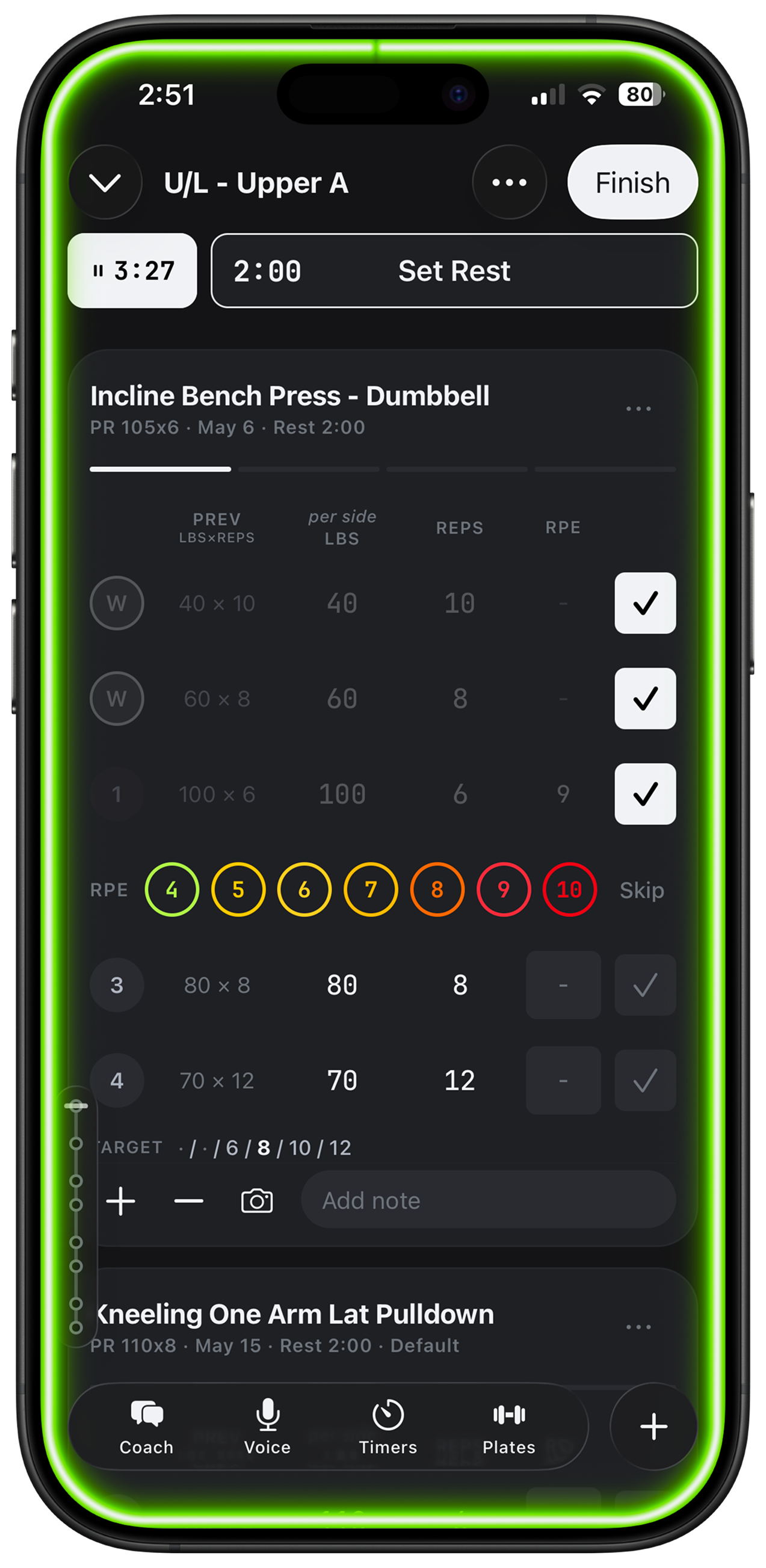 Slate workout logging screen showing completed leg day exercises with sets and weights
