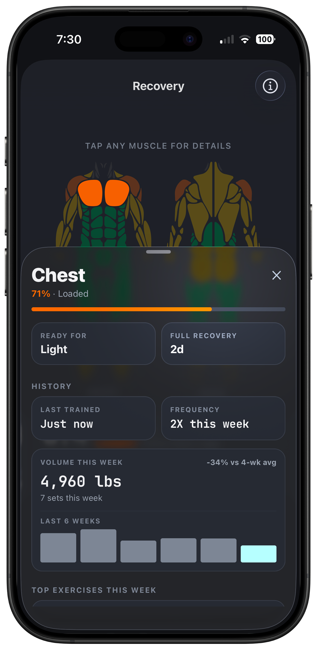 Slate workout tracker showing muscle recovery heat map with color-coded body strain after a leg day workout