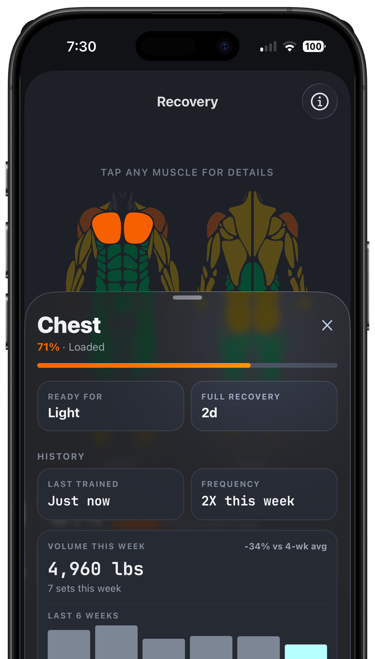 Slate muscle recovery tracker showing partial recovery two days after leg day